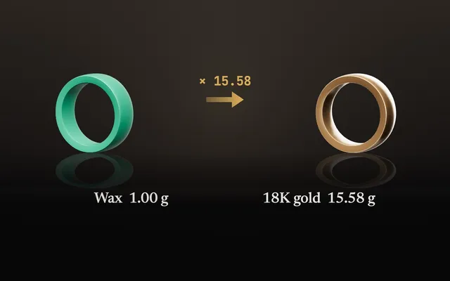 Green wax ring model beside the same ring cast in 18K yellow gold