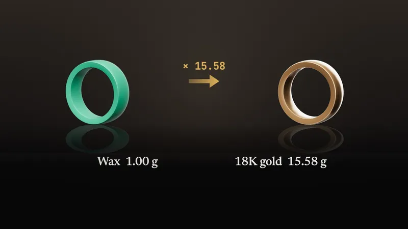 Green wax ring model beside the same ring cast in 18K yellow gold