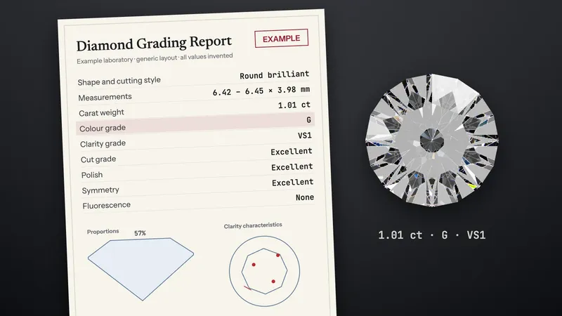 Example diamond grading report beside a round brilliant diamond