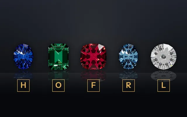 Sapphire, emerald, ruby, blue topaz and diamond with treatment codes H, O, F, R and L