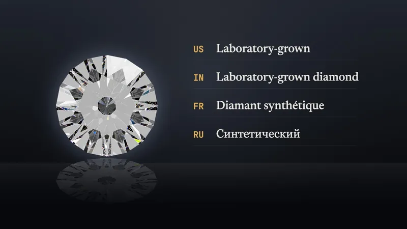 A round diamond beside the words required for lab-grown diamonds in the US, India, France and Russia (illustration)