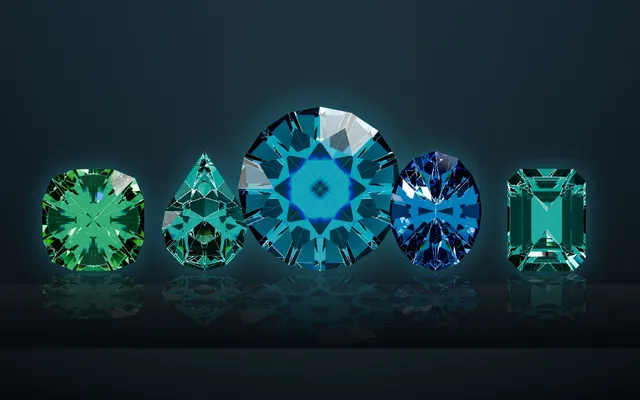 Five Paraíba tourmalines in green, bluish green, neon blue and electric blue (illustration)