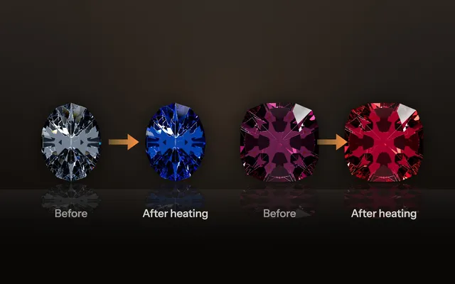 Sapphire and ruby before and after heat treatment, illustration