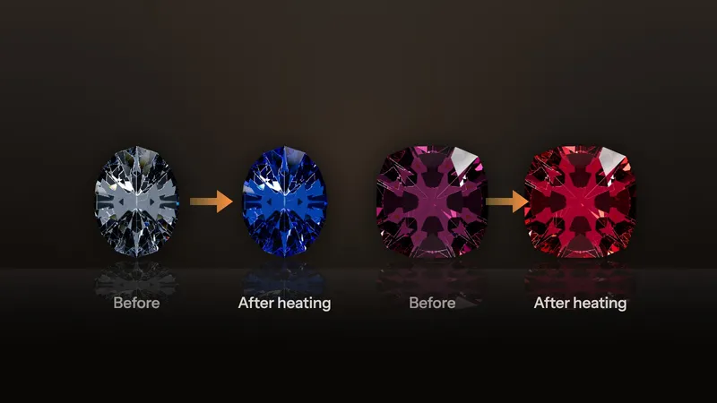 Sapphire and ruby before and after heat treatment, illustration